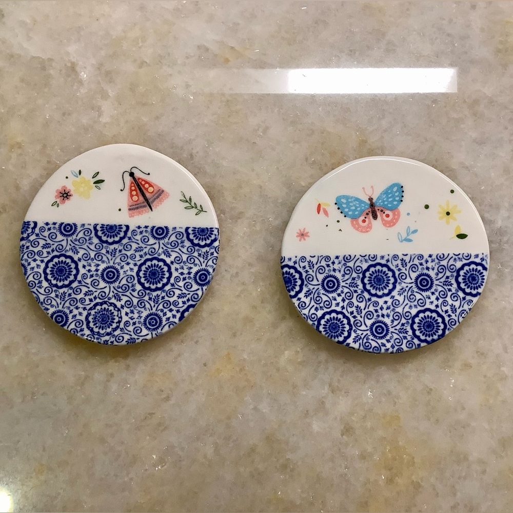 2 Handmade, Unique, Blue and White Ceramic Coasters with Butterfly Design